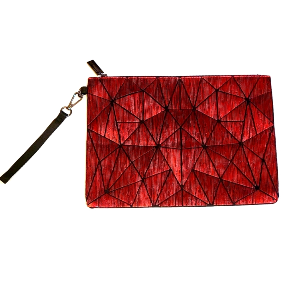 Shiny Red Geometric Design Wristlet Clutch Purse.